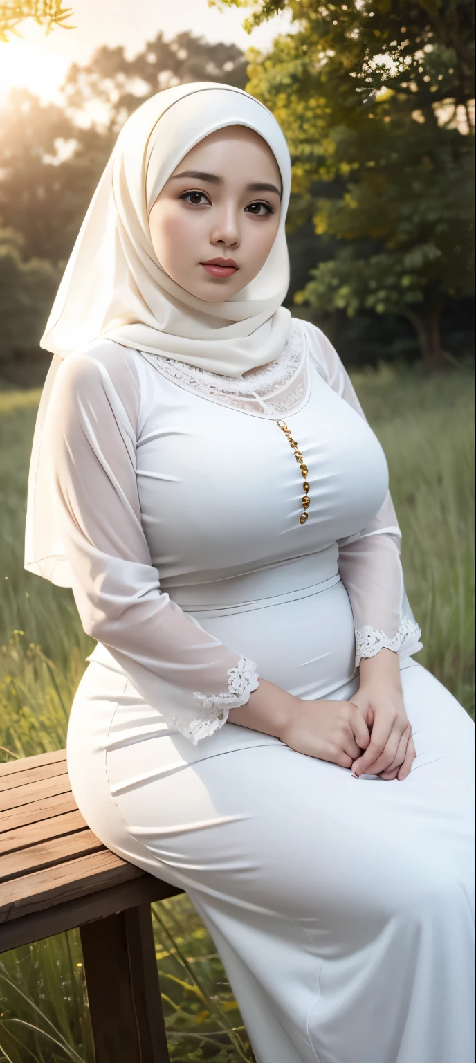 ( Close Up),RAW, Best quality, high resolution, works: 1.3), Beautiful Malay woman in hijab, Masterpiece, fit body, big breasts, beautiful big eyes, Soft smile, beautiful face, woman sitting at a table in a green meadow, traditional beauty, moment sunset, in the field, in the countryside, beautiful woman, with the sunset, wearing a soft long dress, muslim,, hijab, beautiful woman, with a beautiful appearance, a very beautiful masterpiece, a masterpiece of art, good lighting, Bright colors, Clean lines, chubby body, wide chubby hips, chubby arm, chubby massive thighs , massive cleavage , massive armpits , white armpits , armpit hair , extra cleavage, full body , milky white skin 