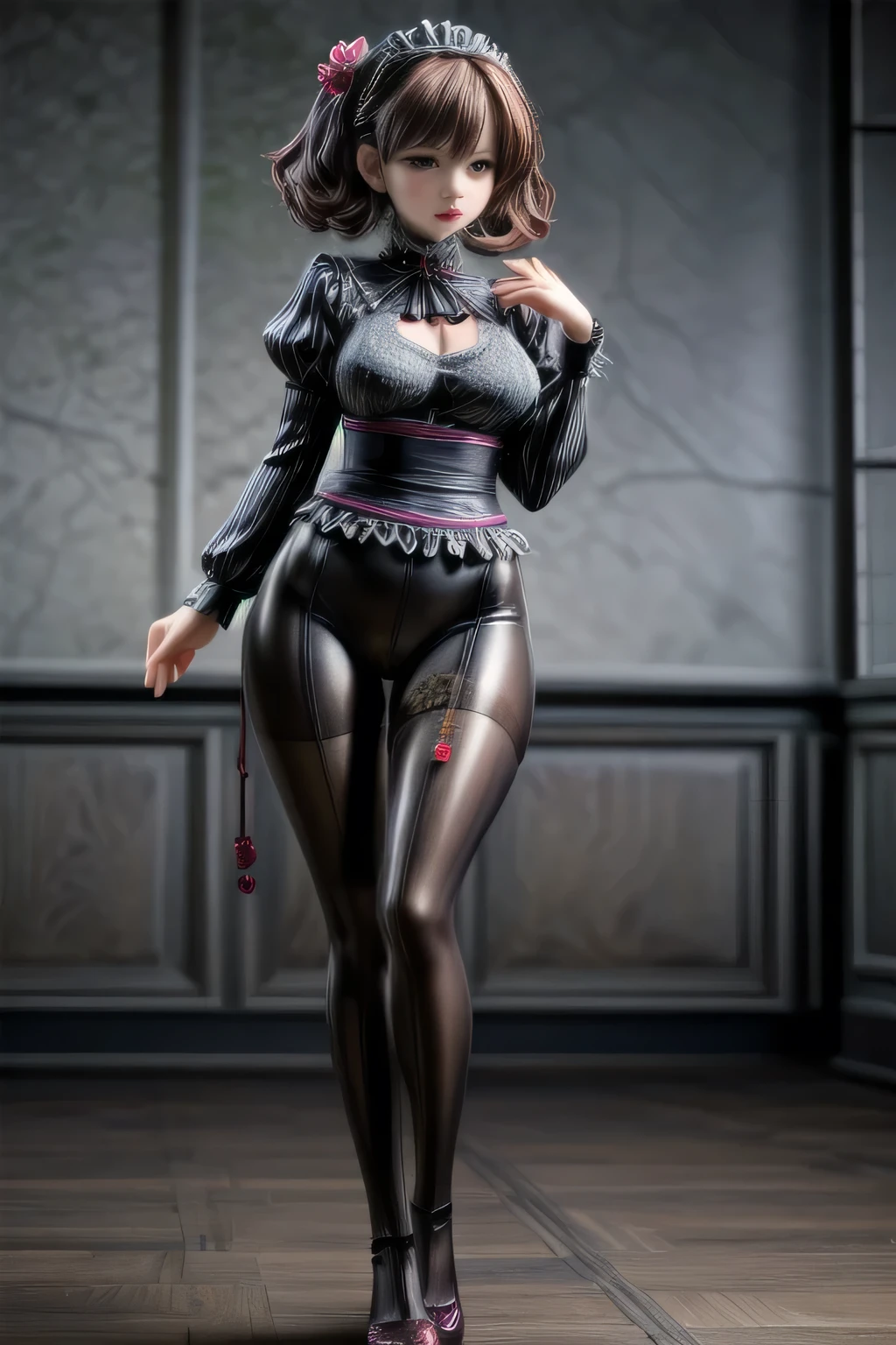 a beautiful japanese milf, maid outfit, pants, long sleeve tops, standing, full body shot, detailed face, detailed eyes, detailed lips, beautiful detailed skin, detailed hands, detailed clothing folds, intricate details, (best quality,4k,8k,highres,masterpiece:1.2),ultra-detailed,(realistic,photorealistic,photo-realistic:1.37),studio lighting, extremely detailed, vivid colors, cinematic lighting, elegant, graceful pose, beautiful background, soft bokeh, black pantyhose