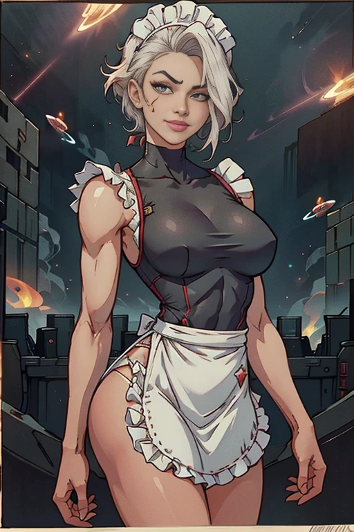 Maid clothesを着た美しいサイボーグの女性兵士、Short white hair、Muscular、Six Pack Abs、(Maid clothes:1.8)、(White ruffled apron:1.4)、Face with scars、Eye patch、The left hand is a laser gun、(Space gangsters and gunfights:1.4)、Smirking expression