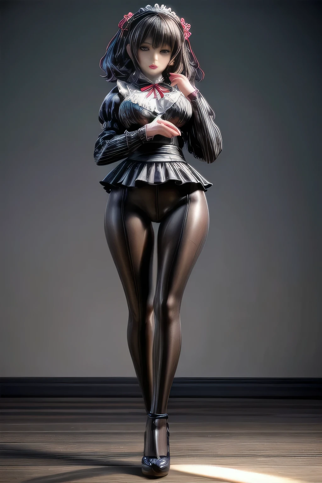 a beautiful japanese milf, maid outfit, pants, long sleeve tops, standing, full body shot, detailed face, detailed eyes, detailed lips, beautiful detailed skin, detailed hands, detailed clothing folds, intricate details, (best quality,4k,8k,highres,masterpiece:1.2),ultra-detailed,(realistic,photorealistic,photo-realistic:1.37),studio lighting, extremely detailed, vivid colors, cinematic lighting, elegant, graceful pose, beautiful background, soft bokeh, black pantyhose