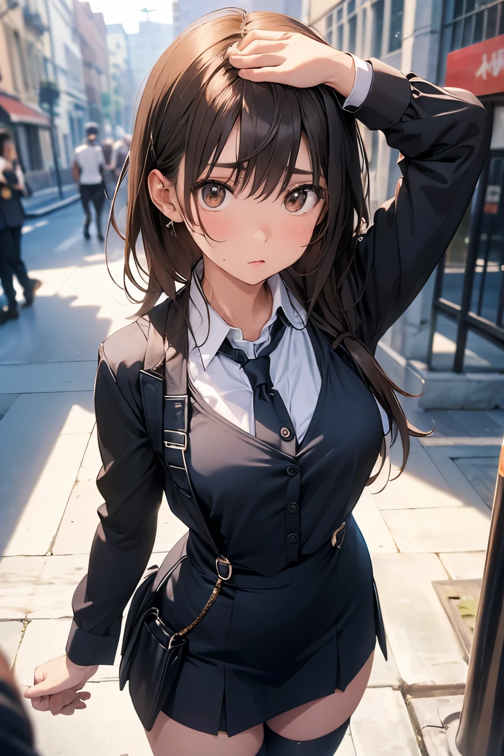 Brown Hair、Staring at the audience　　　Black suspenders　　　bulging big breasts　　 　 　　　wall: 　Black pantsuit　　　　　　sight　　　Small face　 　　　holster　　　Beautiful woman　　Show your hand　　 　sight 　　Taunt　side　side汗 　arm　Dress shirt　Black Suit　ベルト wall際　Put your hands up　Both hands above head　Armpit sweat　mini skirt