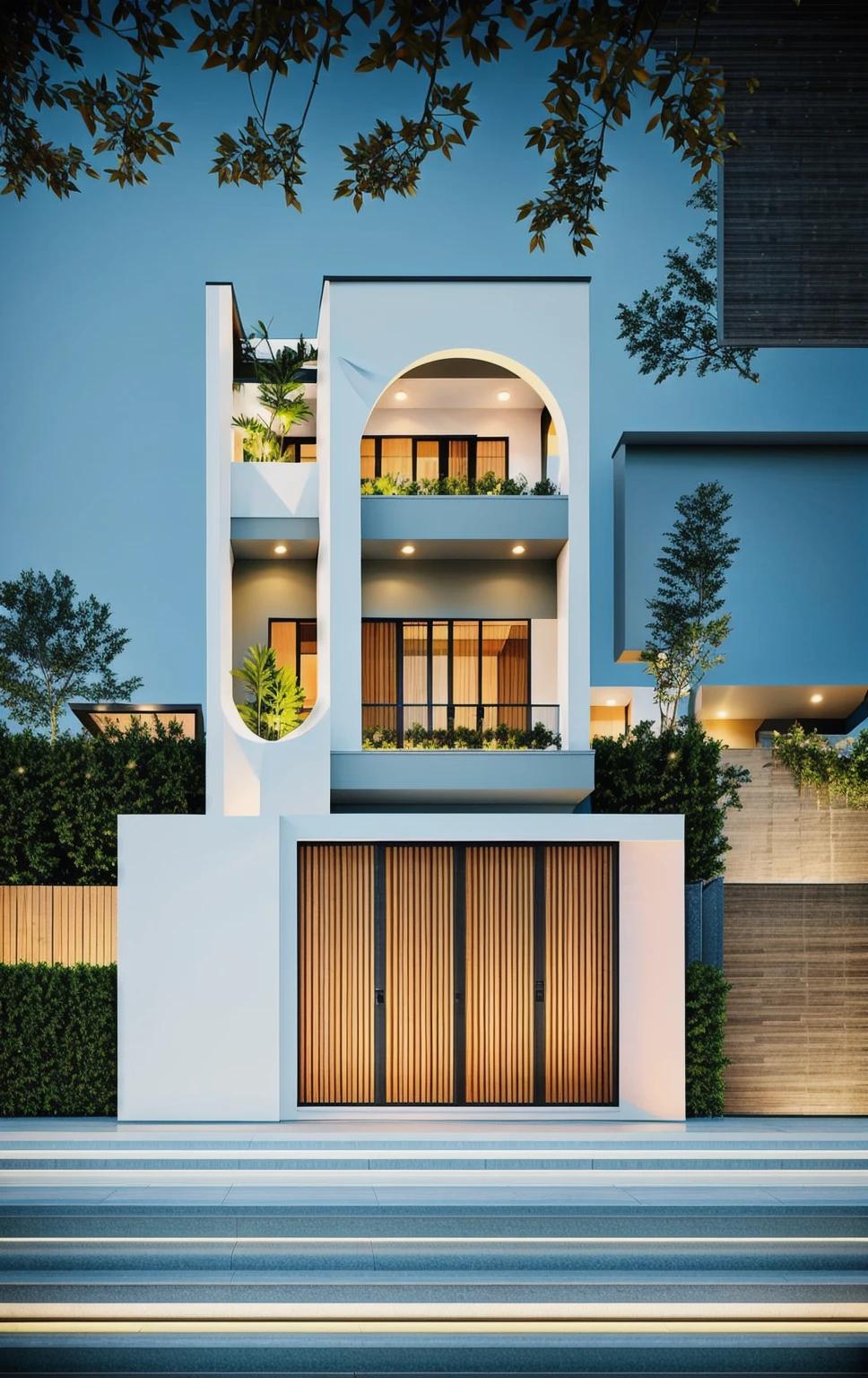 PLATFORM KTHOUSE, 1 morden townhouse, curve shape, day light, 1 road infront of house, light indoor, main material is white wall, dynamic light, dark light, warm light indoor:1.1, beautyful shadow