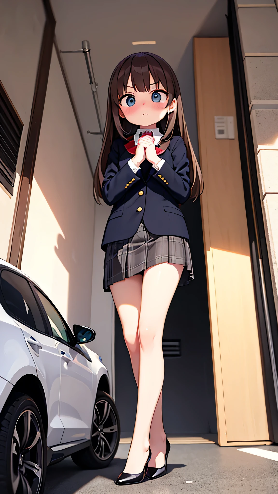 (masterpiece) {highest quality], [Super beautiful], [Ultra fine], [Best illustration],Brown Hair,Hime cut,Long Hair,Bangs,girl,garage,In a suit,OL,Woman with an angry face,Blushing,Slender women, A woman wearing plain black pumps,Bare feet and pumps,Open collar,Stand with your legs together,hold the skirt with both hands,From an angle,Embarrassed