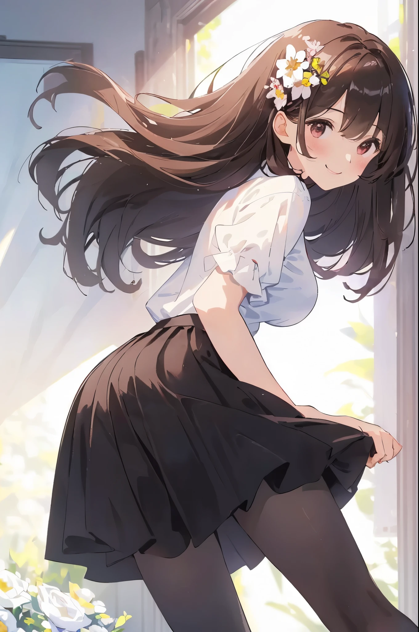 best quality, masterpiece, (solo:1.2), (1 Female:1.2)、Age 25、Larger breasts、(Slender figure)、From the side、(Hands folded behind your back)、(office lady)、sheer white blouse、Black Skirt、tights、(White highlight in pupil:1.2)、Dark reddish brown eyes、(Black-haired:1.2)、(Medium Hair)、(View your viewers:1.2)、White skin、(blush)、(A shy smile)、(I blur the background a lot to make the woman stand out.:1.3)、(The sunlight shines in)、Half backlight、Beautiful flowers in the background、Window