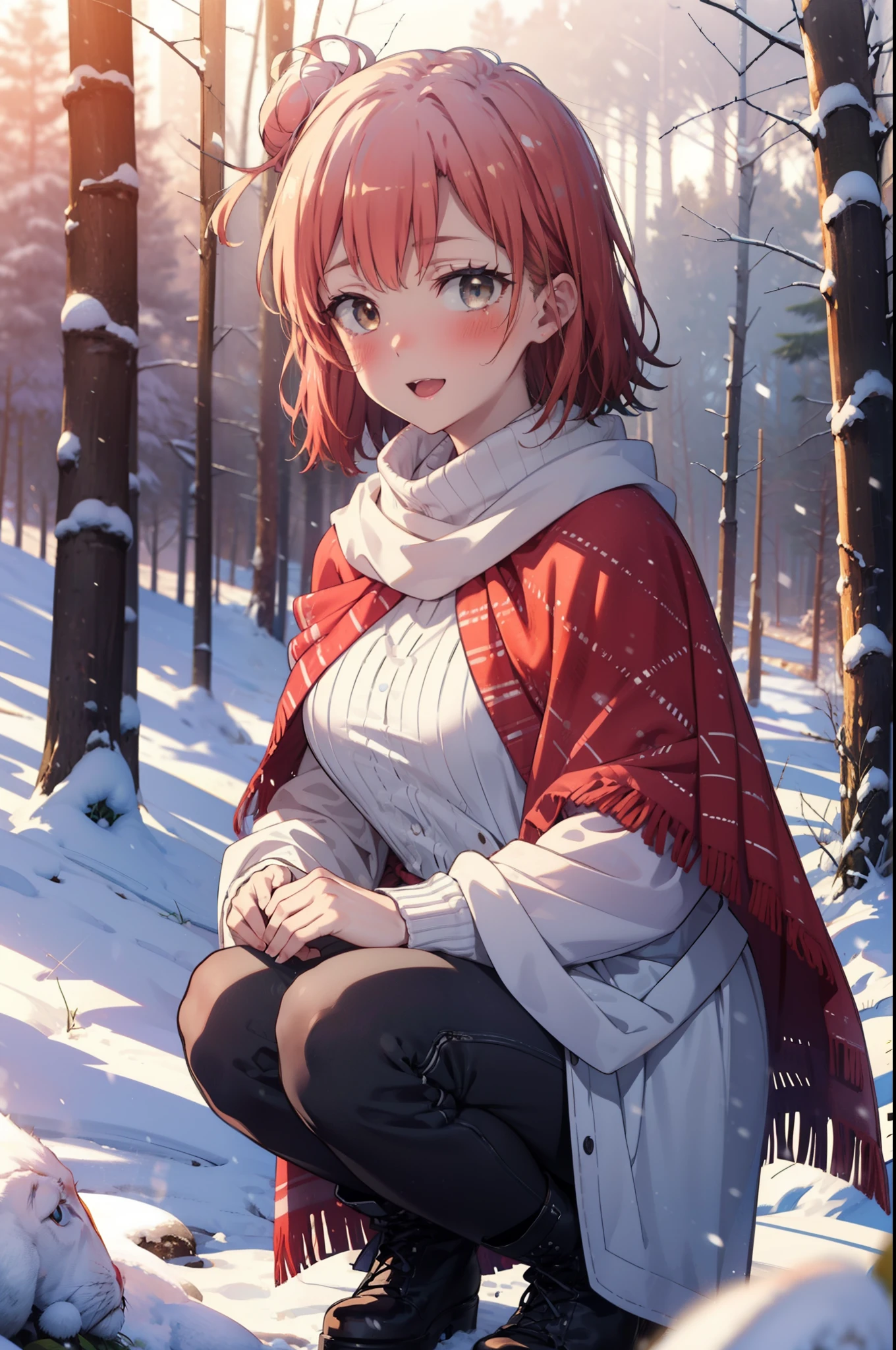 yuiyuigahama, yui yuigahama, short hair, (Brown eyes:1.5), (Pink Hair:1.2), Hair Bun, single Hair Bun, smile, (Big Breasts:1.2),smile,blush,White Breath,
Open your mouth,snow,Ground bonfire, Outdoor, boots, snowing, From the side, wood, suitcase, Cape, Blurred, forest, White handbag, nature,  Squat, Mouth closed,Cape, winter, Written boundary depth, Black shoes, red Cape break looking at viewer, Upper Body, whole body, break Outdoor, forest, nature, break (masterpiece:1.2), highest quality, High resolution, unity 8k wallpaper, (shape:0.8), (Beautiful and beautiful eyes:1.6), Highly detailed face, Perfect lighting, Highly detailed CG, (Perfect hands, Perfect Anatomy),