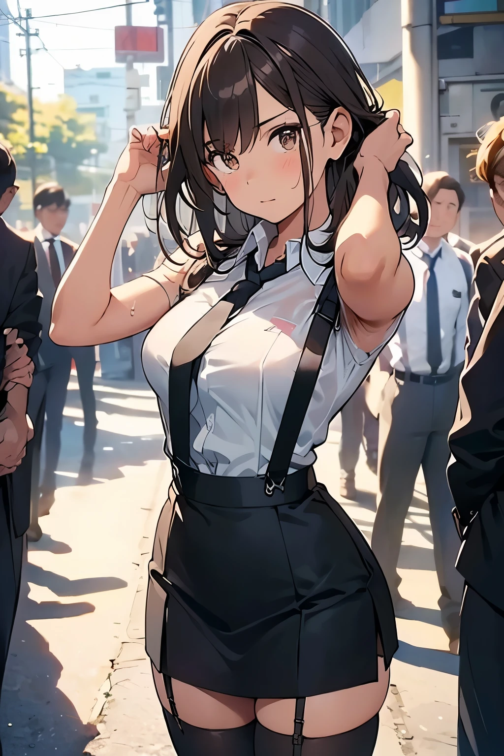 Brown Hair、Staring at the audience　　　Black suspenders　　　bulging big breasts　　 　 　　　wall: 　garter　　　　　sight　　　Small face　 　　　holster　　　Beautiful woman　　Show your hand　　 　sight 　　Taunt　side　side汗 　arm　Dress shirt　Black Suit　ベルト wall際　Put your hands up　Both hands above head　Armpit sweat　mini skirt