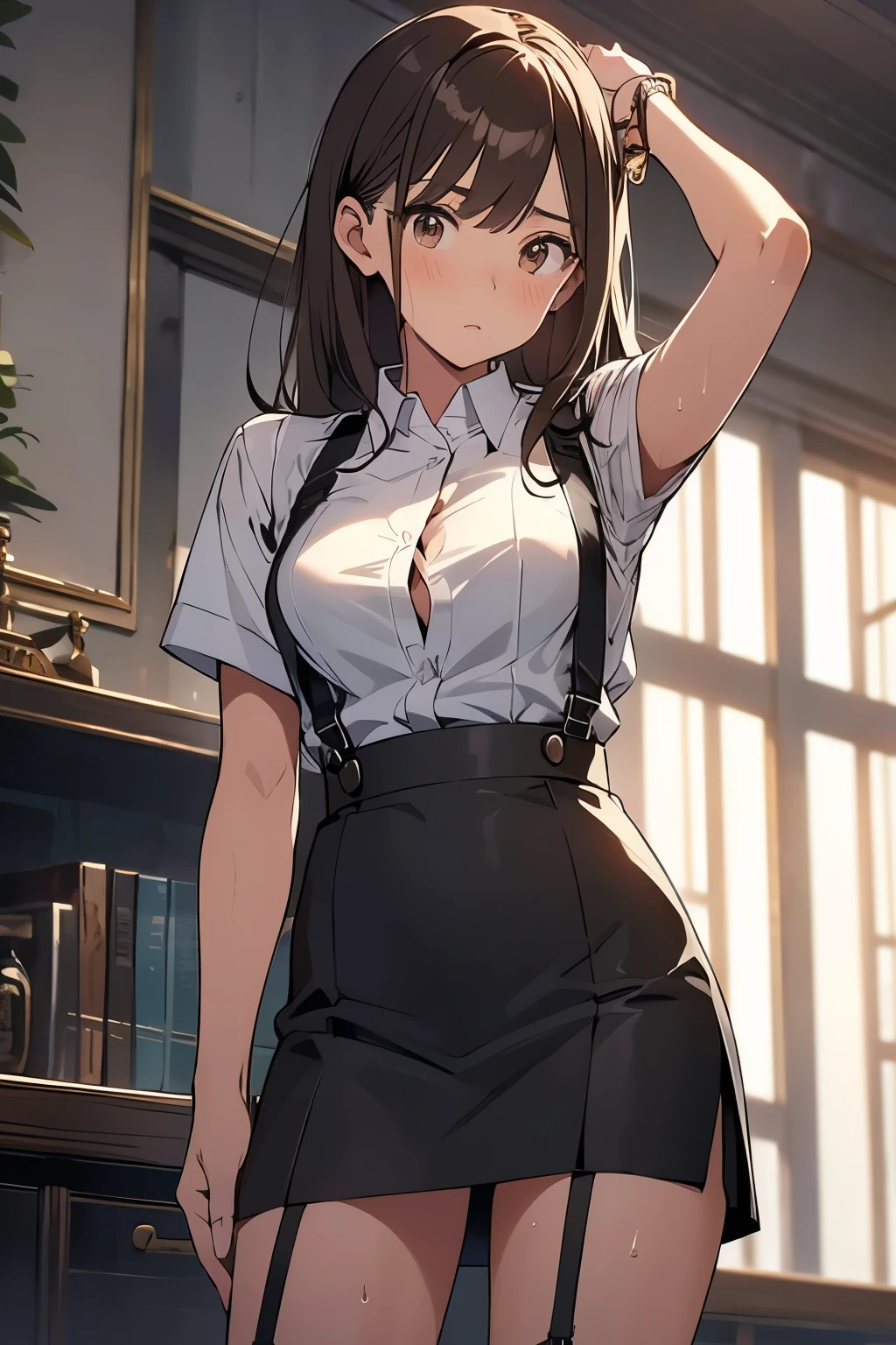 Brown Hair、Staring at the audience　　　Black suspenders　　　bulging big breasts　　 　 　　　wall: 　garter　　　　　sight　　　Small face　 　　　holster　　　Beautiful woman　　Show your hand　　 　sight 　　Taunt　side　side汗 　arm　Dress shirt　Black Suit　ベルト wall際　Put your hands up　Both hands above head　Armpit sweat　mini skirt