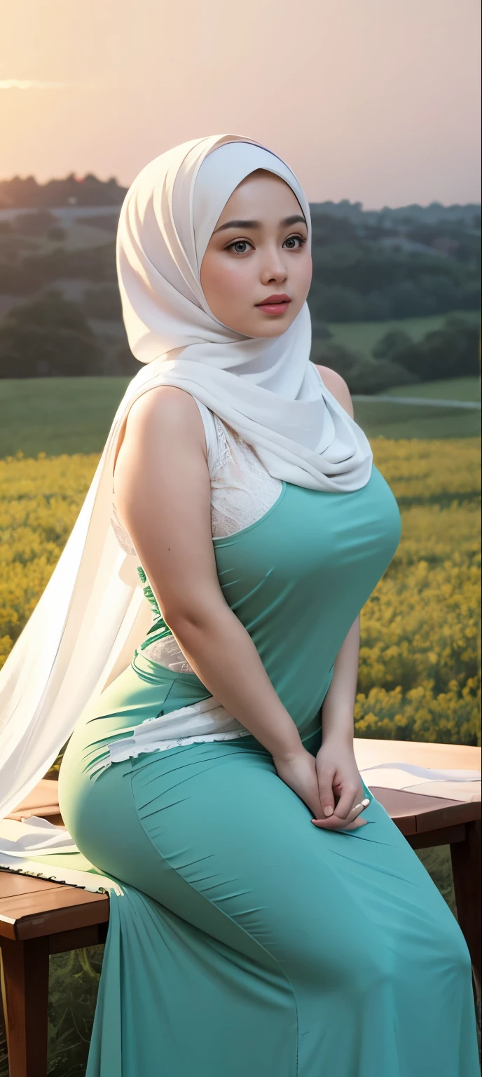 ( Close Up),RAW, Best quality, high resolution, works: 1.3), Beautiful Malay woman in hijab, Masterpiece, fit body, big breasts, beautiful big eyes, Soft smile, beautiful face, woman sitting at a table in a green meadow, traditional beauty, moment sunset, in the field, in the countryside, beautiful woman, with the sunset, wearing a soft long dress, muslim,, hijab, beautiful woman, with a beautiful appearance, a very beautiful masterpiece, a masterpiece of art, good lighting, Bright colors, Clean lines, chubby body, wide chubby hips, chubby arm, chubby massive thighs , massive cleavage , massive armpits , white armpits , armpit hair , extra cleavage, full body , milky white skin