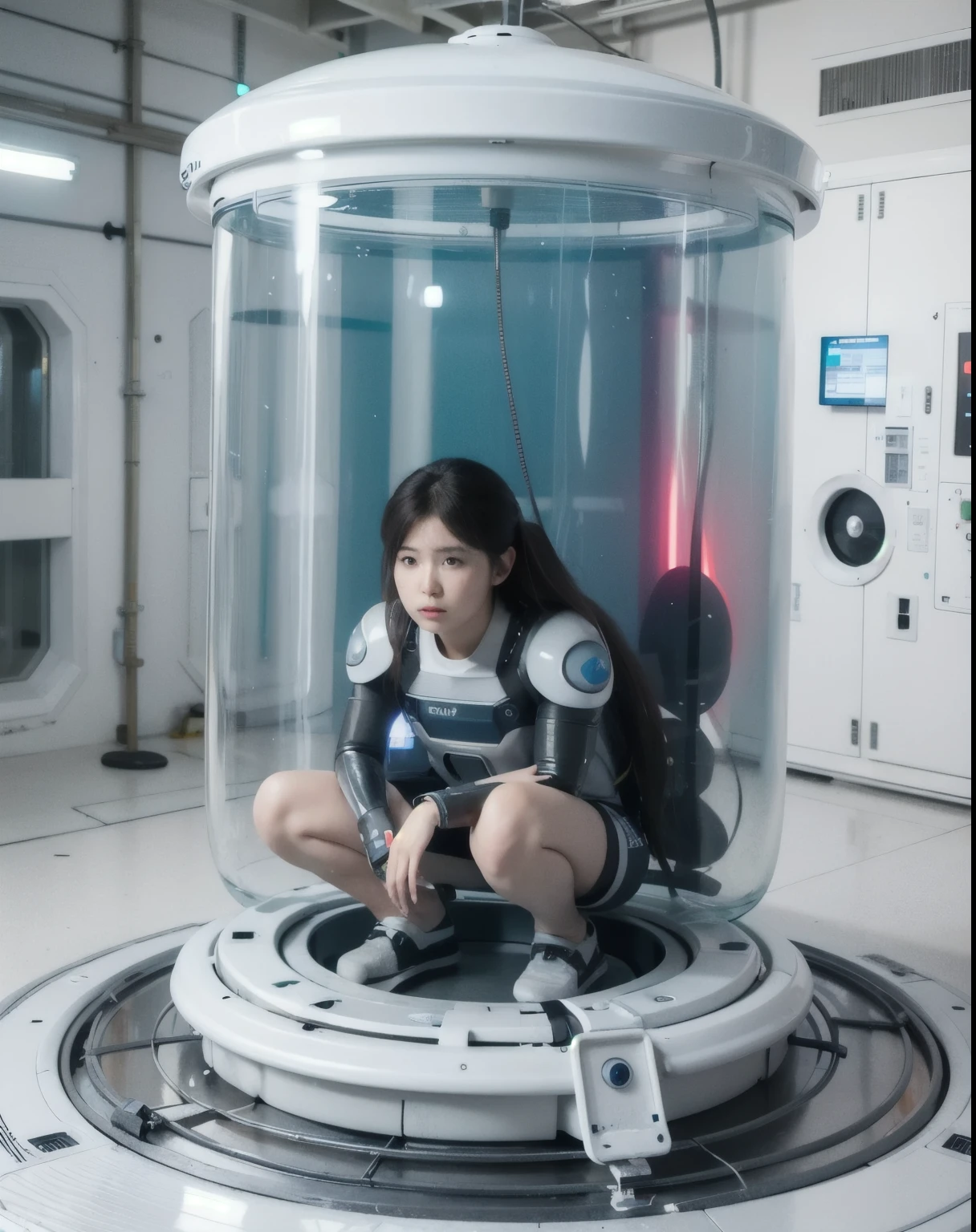 (photorealistic:1.4), (best quality:1.0), (ultra highres:1.0), 8k, RAW photo, (masterpiece:0.2),
(stasis pod:1.5), 1girl squat, floating, (in container:0.5), liquid, bubbles, cable