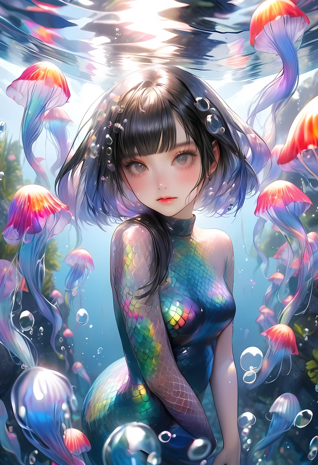 double exposure, fisheye lens, raw photo:1.2, masterpiece, highest quality, 16k, unbelievably absurd, very detailed, perfect beauty, beautiful cute mermaid, jet black bob cut, straight hair, blunt bangs, long  sideburns, wet hair, vibrant colors, ultra-realism:1.2, middle breasts, bright iridescent scales, swimming in a ocean floor, full of jellyfishes, water  bubbles, hands on cheek, shy face, strange look, headtilt, mirror effect,