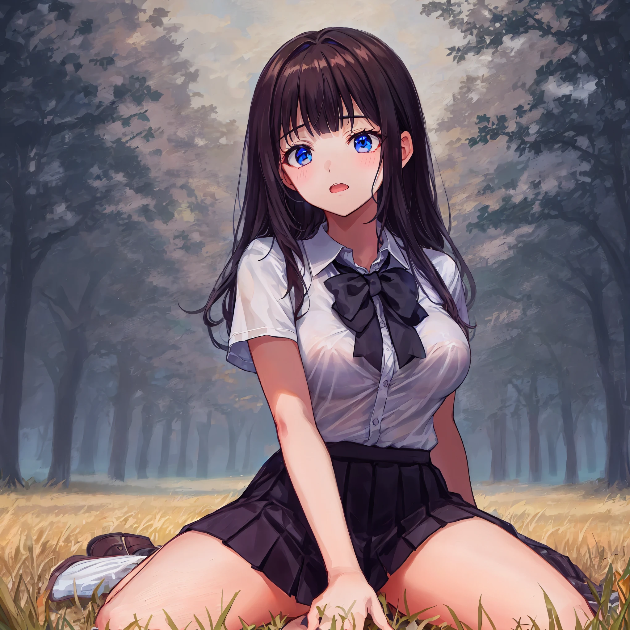 nsfw,hair dark brown 1;4,See-through bra,{{high quality bra}},melancholy,Grass at night,Sitting on the ground,{{beautiful large and medium size breasts 1:4}}, {{schoolgirl}}, black pleated skirt, top quality, From Below, cute girl, brush, High quality background, slanted eyes, detailed shirt chest wrinkles, {{{high school girl}}}, BREAK, {{beautiful blue eye1:4}}, BREAK, five fingers