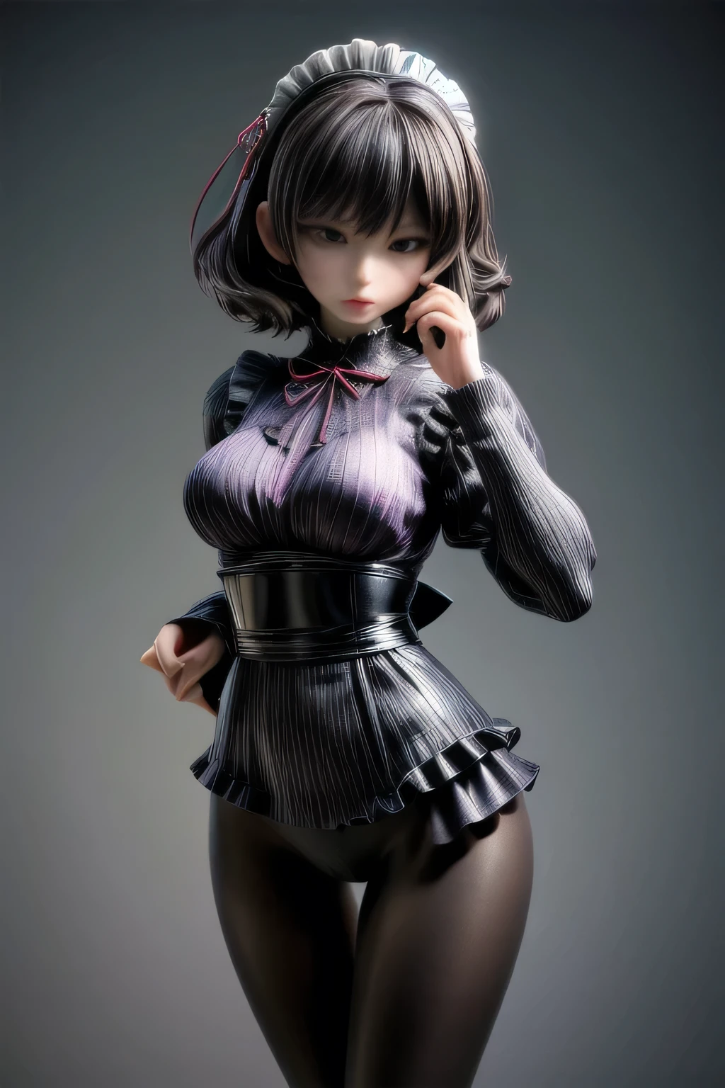 a beautiful japanese milf, maid outfit, short pants, long sleeve tops, standing, full body shot, detailed face, detailed eyes, detailed lips, beautiful detailed skin, detailed hands, detailed clothing folds, intricate details, (best quality,4k,8k,highres,masterpiece:1.2),ultra-detailed,(realistic,photorealistic,photo-realistic:1.37),studio lighting, extremely detailed, vivid colors, cinematic lighting, elegant, graceful pose, beautiful background, soft bokeh, black pantyhose