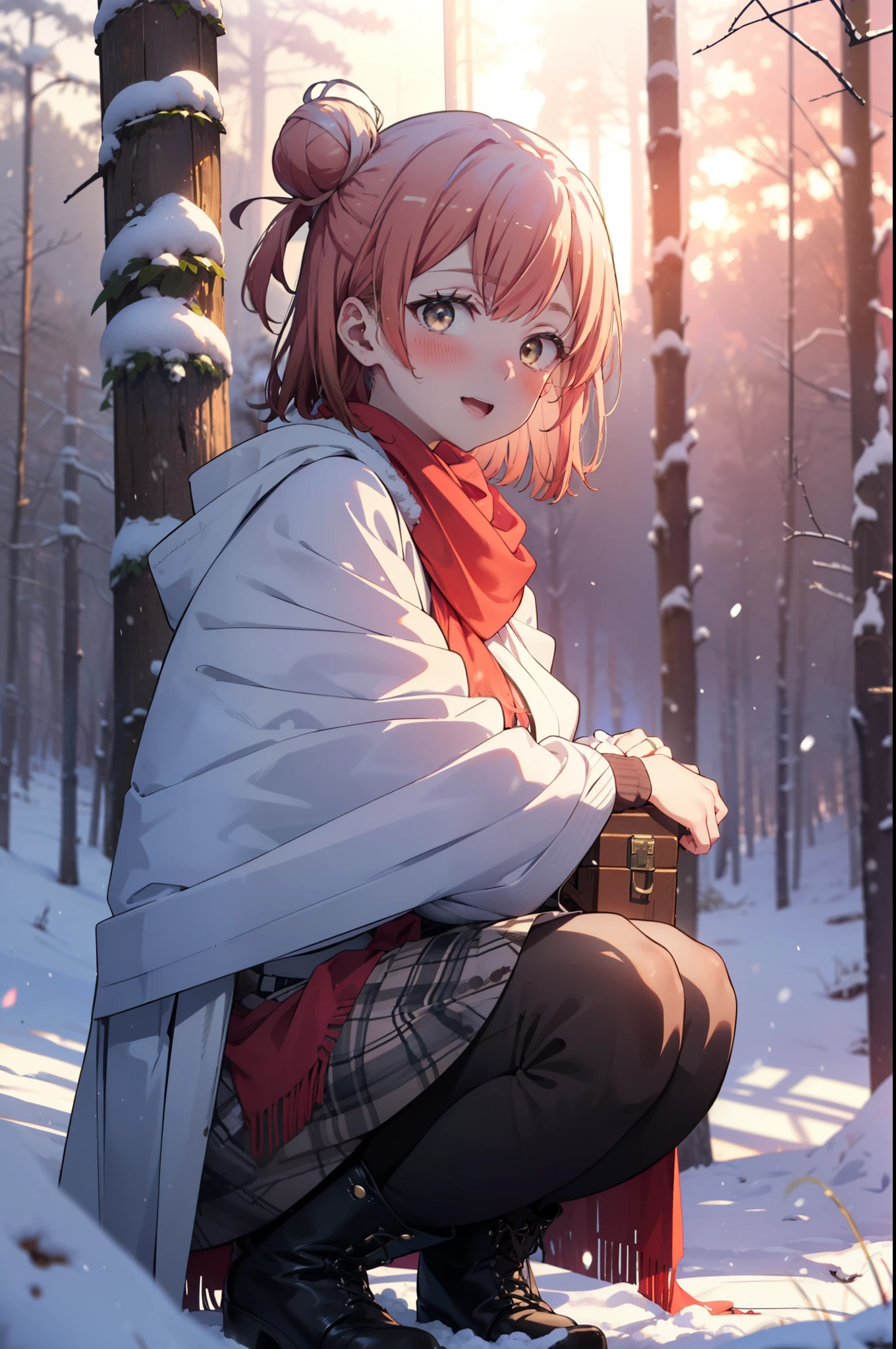 ichikanakano, ichika nakano, short hair, bangs, blue eyes, Hair between the eyes, smile,Pink Hair,smile,blush,White Breath,Big Breasts,
Open your mouth,snow,Ground bonfire, Outdoor, boots, snowing, From the side, wood, suitcase, Cape, Blurred, Increase your meals, forest, White handbag, nature, Squat, Mouth closed, フードed Cape, winter, Written boundary depth, Black shoes, red Cape break looking at viewer, Upper Body, whole body, break Outdoor, forest, nature, break (masterpiece:1.2), highest quality, High resolution, unity 8k wallpaper, (shape:0.8), (Beautiful and beautiful eyes:1.6), Highly detailed face, Perfect lighting, Highly detailed CG, (Perfect hands, Perfect Anatomy),