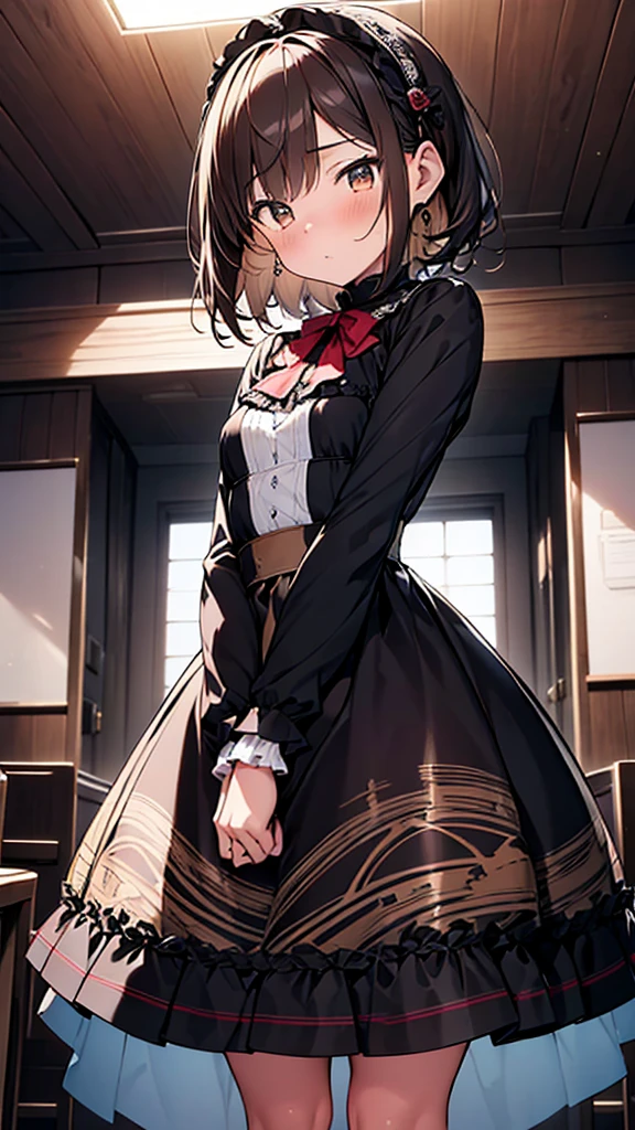 Brown short hair, ((Expressive hair)), Cinema Lighting, Bust Chart, First Person View, Ultra-high resolution, (((masterpiece, Textured skin))), (Super detailed), Attention to detail, high quality, ((最high quality)), 16k, Gothic ta Costumes, Upturned brown eyes, pretty girl, Slightly chubby,Small breasts and small buttocks,Ruffled dress