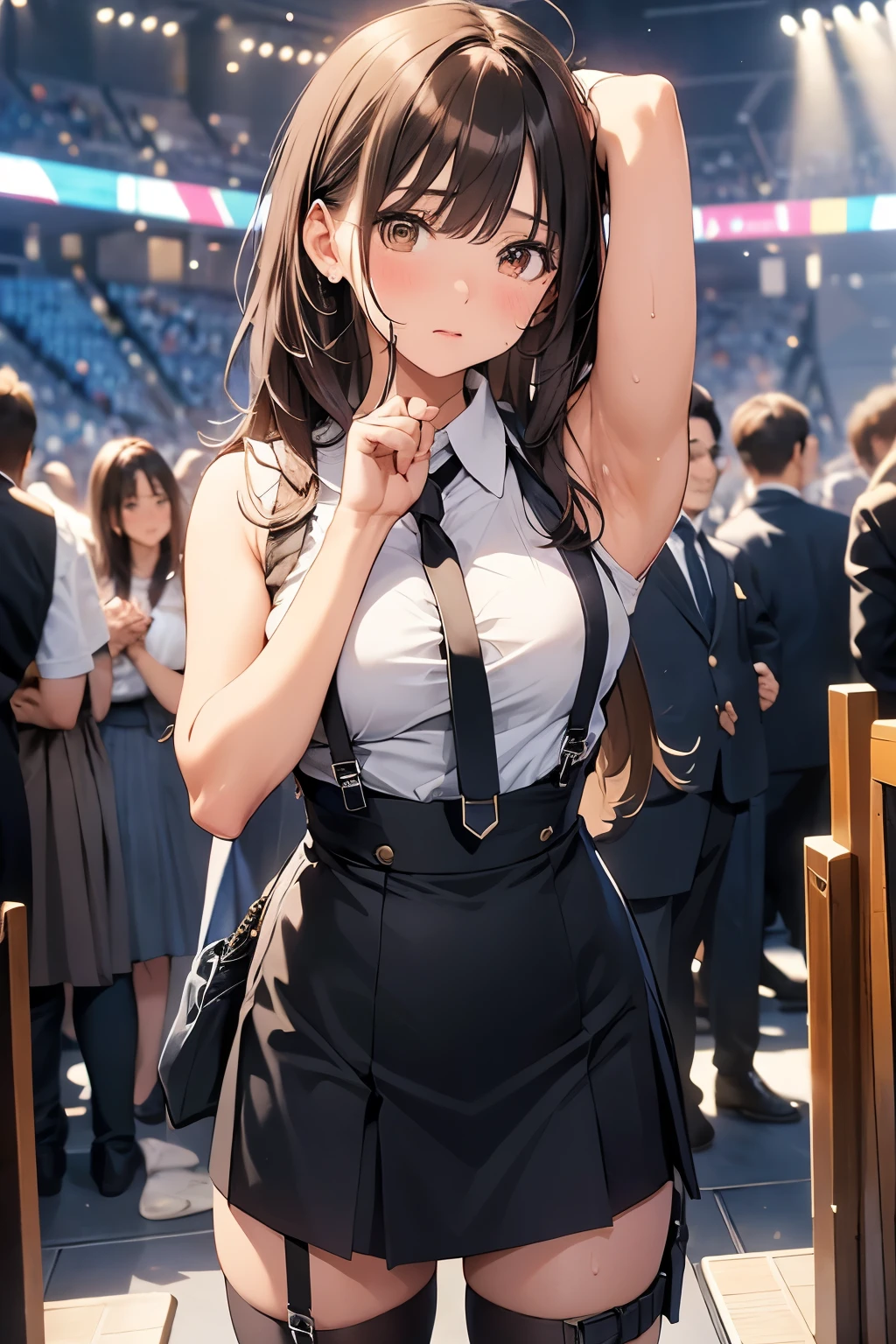 Brown Hair、Staring at the audience Black suspenders bulging big breasts wall: garter sight Small face holster Beautiful woman Show your hand sight Taunt side side汗 arm Dress shirt Black Suit ベルト wall際 Put your hands up Both hands above head Armpit sweat mini skirt