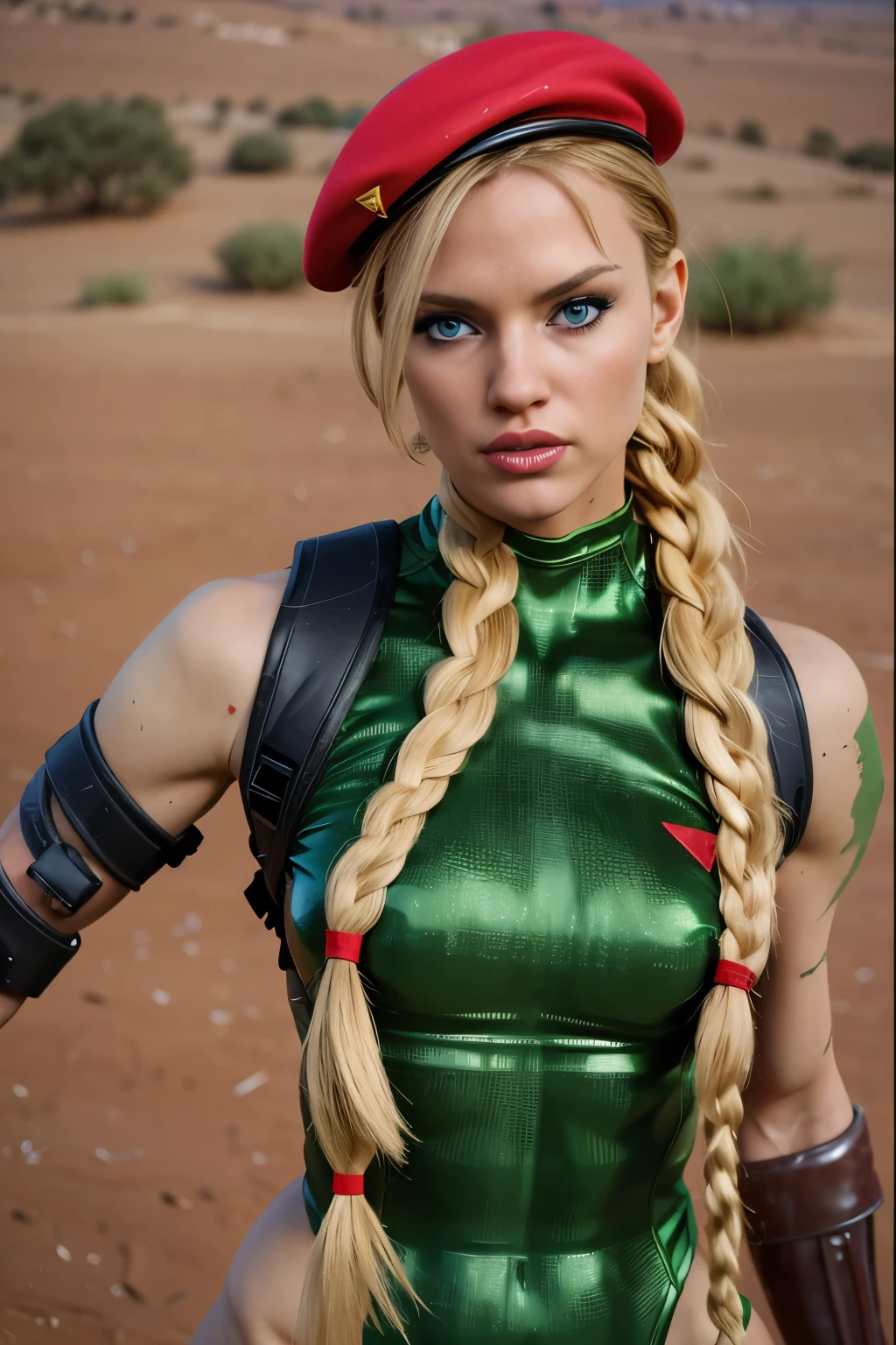 Photo of cammyst in the desert, with her long blonde hair, blue eyes, and a green leotard, standing confidently while wearing a red beret and sporting a stylish braid, looking directly at the viewer.
