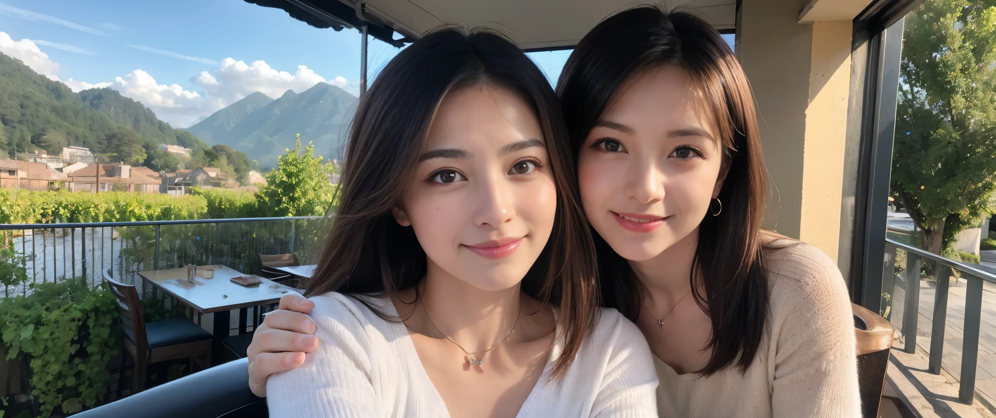 ((highest quality、8k、masterpiece:1.3))、1 male、1 female、Couple、Spouse、Couple、The body is slim、((Bob Hale、Straight hair:1.2)), (Realistic, Intricate details:1.2), テーブルの上のwine glass、Shine light on your face、 Amazing view of the sunset sky and clouds、Amazing mountain views、A bright smile、The wonderfulness of smile、Bright image、The beauty of wine, Beautiful Face, blue eyes, The light shines on your face, Blushing, short hair,Bright Face、 (Age 37), 39 years old, red wine 、Appetizers、Italian food、Wine bottle、Champagne、sparkling wine、Two beauties、Brown Hair、Shortcuts、Long sleeve shirt、dress、Pretty Woman 1, (slimな顔), (The body is slim), (Brown Hair), (Shortcuts), cheeks turn a little red,Attractive beauty、restaurant, In a prominent place (From the waist up) Nova Frog Style, actress, model, Upper Body, White wine, slim, wine glass, 中央に置かれたwine glass, smile, (smile: 1.15), Beautiful fine grain, Depth f/2,saturation, High Contrast, Strong light and shadow,Moist Body:1.5、3D texture、Delicate eyes、Brown Hair、The hair is very shiny、