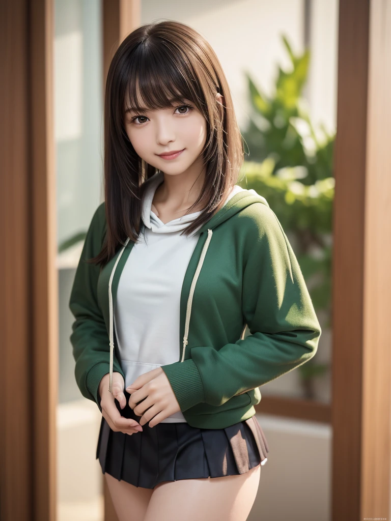 (8k, RAW Photos, highest quality, Tabletop:1.2), (Realistic, Photorealistic:1.4), (Highly detailed 8k wallpaper), Sharp focus, Depth of written boundary, Blur the background, Bokeh, Cinema Lighting, Soft Light, (whole body), 1 girl,18 years old famous Japanese idol, Perfect female body, indoor, (Green hoodie and black micro mini pleated skirt : 1.3), (Long, slender legs), (smile), Glossy lips, Beautiful fine details,Natural Makeup, Shiny and smooth light brown long bob hair, Asymmetrical bangs, Shiny skin, Center image, High resolution, Attention to detail, Detailed hairstyle, Detailed face, 素晴らしいCinema Lighting, Octane Rendering, Vibrant, Ultra-realistic, Perfect limbs, Perfect Anatomy