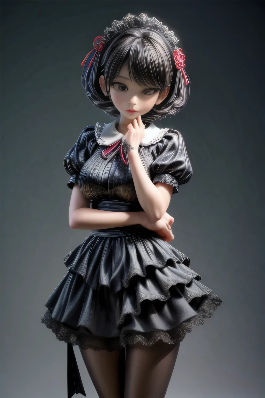 a beautiful japanese milf, maid outfit, short skirt, short sleeve tops, standing, full body shot, detailed face, detailed eyes, detailed lips, beautiful detailed skin, detailed hands, detailed clothing folds, intricate details, (best quality,4k,8k,highres,masterpiece:1.2),ultra-detailed,(realistic,photorealistic,photo-realistic:1.37),studio lighting, extremely detailed, vivid colors, cinematic lighting, elegant, graceful pose, beautiful background, soft bokeh, black pantyhose
