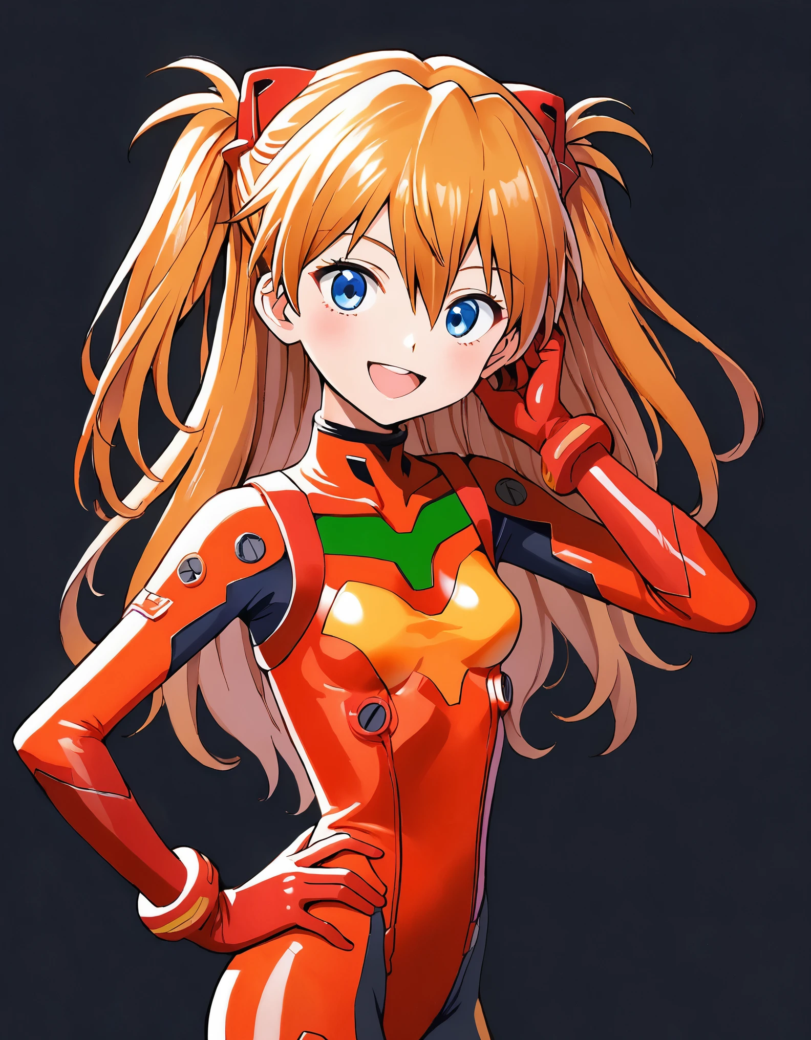 1girl,long hair,plugsuit,bodysuit,souryuu asuka langley,pilot suit,bracer,blue eyes,smile,open mouth,breasts,bangs,turtleneck,solo,cowboy shot,:d,hair between eyes,gloves,red bodysuit,small breasts,looking at viewer,headgear,two side up,hand on hip,skinny,adjusting hair,narrow waist,standing,orange hair,science fiction,hand up,shiny clothes,hair ornament,happy,from side,shiny,skin tight,simple background,black background,traditional media,