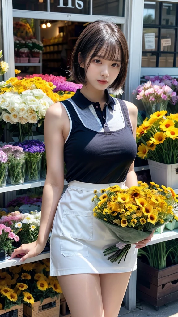 (masterpiece:1.3, top-quality, ultra high res, ultra detailed), (realistic, photorealistic:1.2), beautiful illustration, perfect lighting, natural lighting, colorful, depth of fields, , 
beautiful detailed hair, beautiful detailed face, beautiful detailed eyes, beautiful clavicle, beautiful body, beautiful chest, beautiful thigh, beautiful legs, beautiful fingers, shiny skin, 
looking at viewer, 1 girl, japanese, 22 years old, (perfect anatomy, anatomically correct, super detailed skin), cute and symmetrical face, babyface, perfect face, perfect eyes, perfect fingers,
(middle hair, straight hair, hair slicked back:1.6, blue hair), parted bangs, dark purple eyes, big eyes, drooping eyes, long eyelashes, faint lips, (large breasts, seductive thighs), outstanding style, 
(detailed cloth texture, break, sleeveless collared polo shirt, tight skirt, black apron), break, 
(beautiful scenery), ((behind flower shop:1.5)), standing, ((hold a big bouquet:1.2)), (parted lips), 