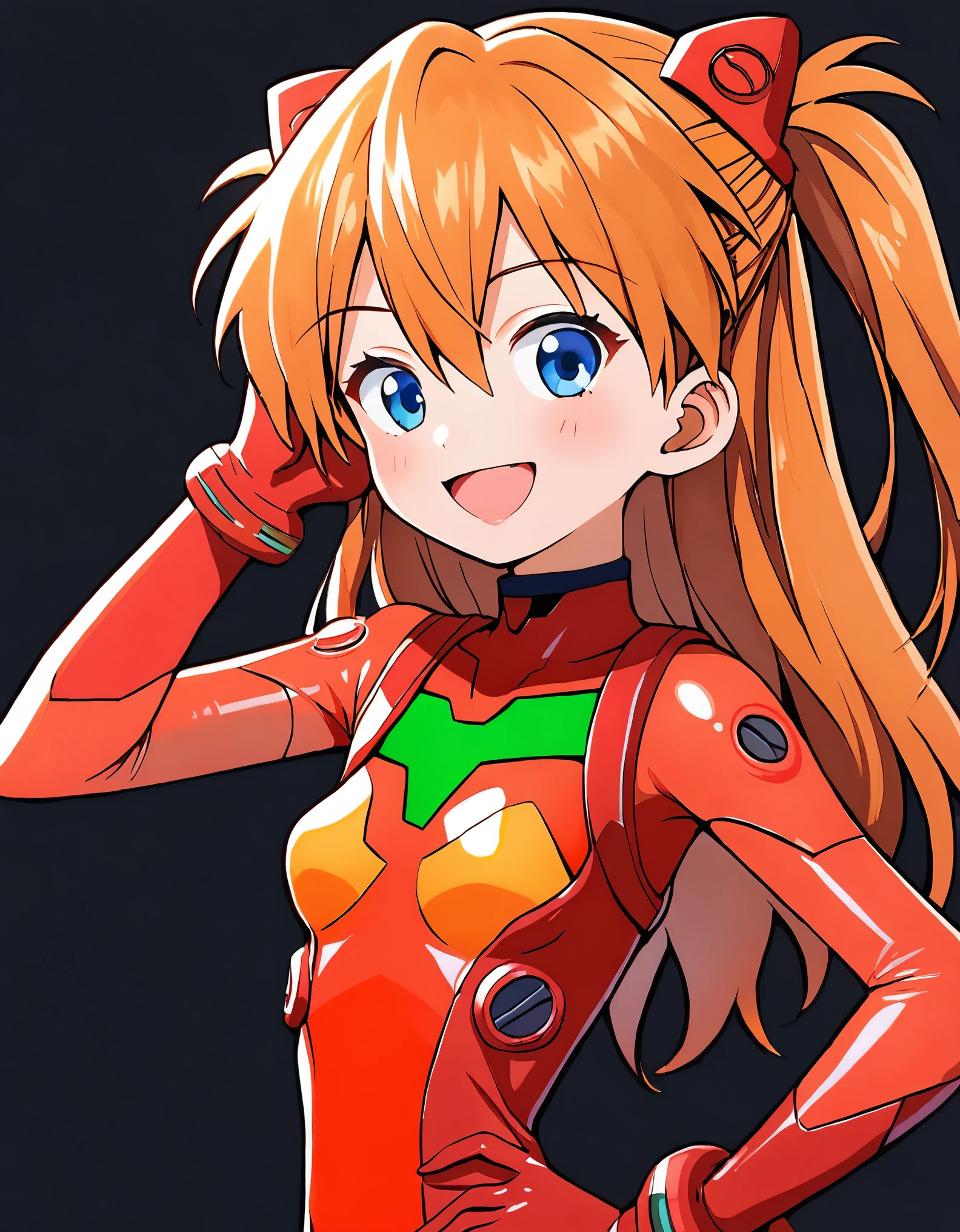 1girl,long hair,plugsuit,bodysuit,souryuu asuka langley,pilot suit,bracer,blue eyes,smile,open mouth,breasts,bangs,turtleneck,solo,cowboy shot,:d,hair between eyes,gloves,red bodysuit,small breasts,looking at viewer,headgear,two side up,hand on hip,skinny,adjusting hair,narrow waist,standing,orange hair,science fiction,hand up,shiny clothes,hair ornament,happy,from side,shiny,skin tight,simple background,black background,traditional media,