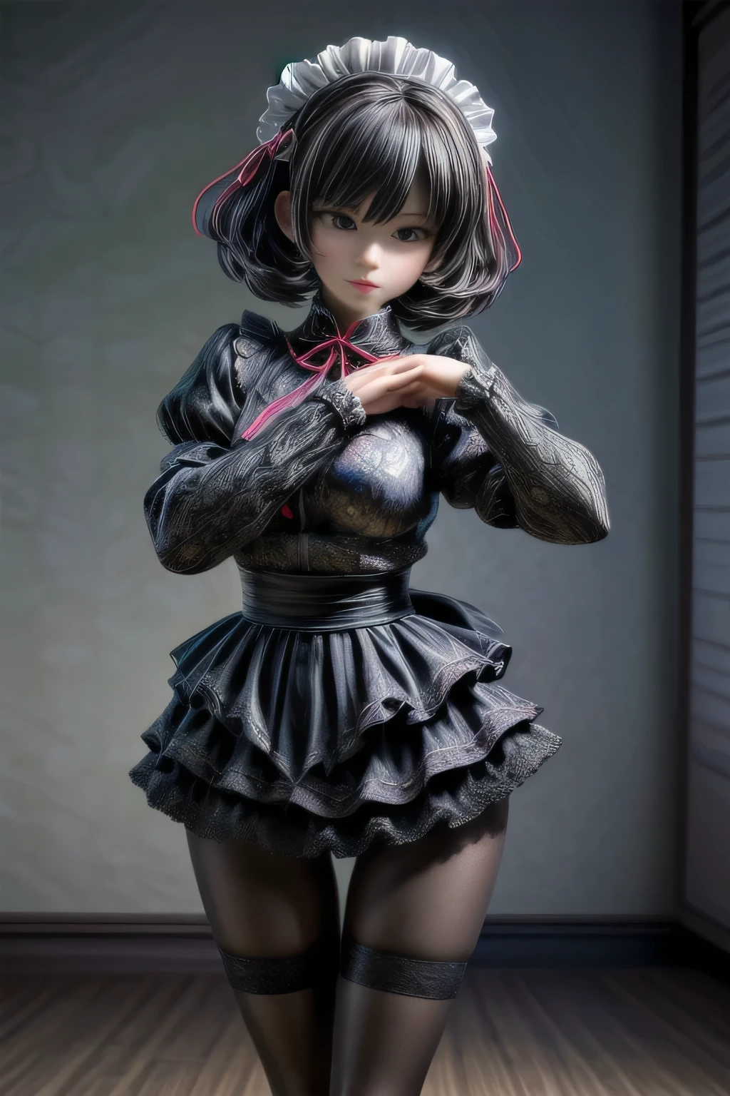 a beautiful japanese milf, maid outfit, short skirt, long sleeve tops, standing, full body shot, detailed face, detailed eyes, detailed lips, beautiful detailed skin, detailed hands, detailed clothing folds, intricate details, (best quality,4k,8k,highres,masterpiece:1.2),ultra-detailed,(realistic,photorealistic,photo-realistic:1.37),studio lighting, extremely detailed, vivid colors, cinematic lighting, elegant, graceful pose, beautiful background, soft bokeh, black pantyhose