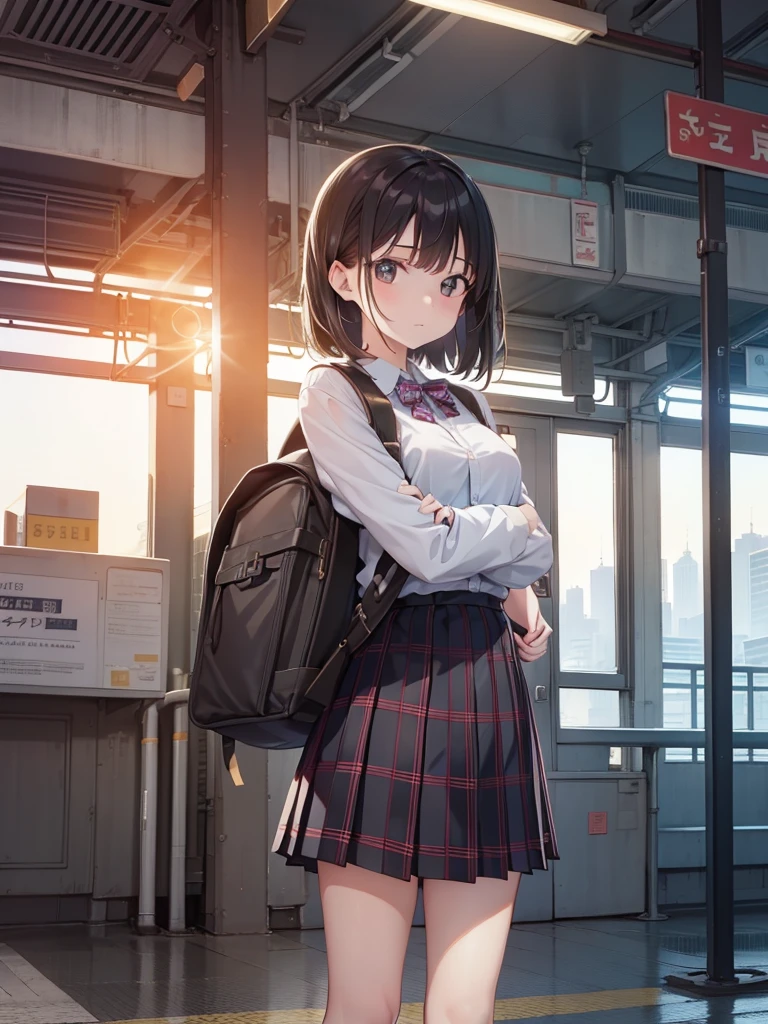 masutepiece, Best Quality, High resolution, Extremely detailed, Detailed background, Cinematic lighting, 1girl in, Looking at Viewer, Wear a plaid shirt, midium skirt, Pleated skirt, Standing, Full body, Wearing a school bag backpack, (Randoseru Backpack:1.0), Sunlight, Waiting train, train station, Stand on the platform , City Girl