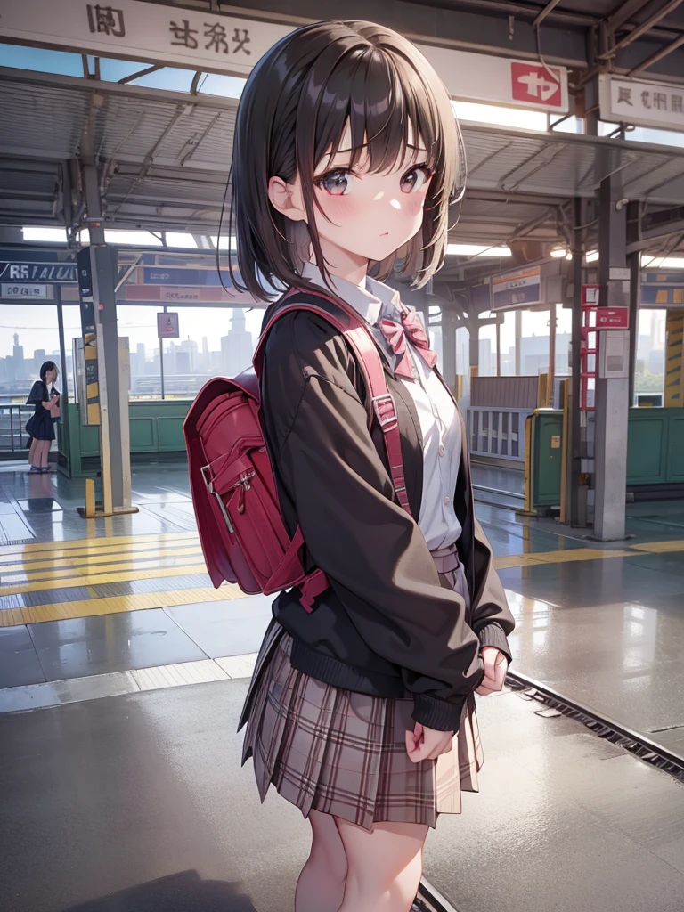 masutepiece, Best Quality, High resolution, Extremely detailed, Detailed background, Cinematic lighting, 1girl in, Looking at Viewer, Wear a plaid shirt, midium skirt, Pleated skirt, Standing, Full body, Wearing a school bag backpack, (Randoseru Backpack:1.0), Sunlight, Waiting train, train station, Stand on the platform , City Girl