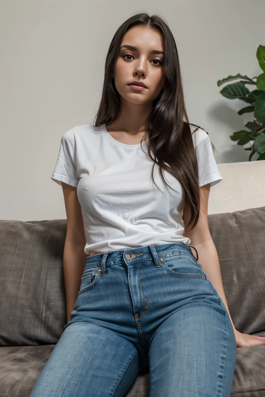 1girl,solo,best quality, masterpiece, 8k,raw photo, photo (object), extremely detailed, raw,realistic,sitting, looking at viewer,jeans,white t-shirt,long hair,black hair, couch,