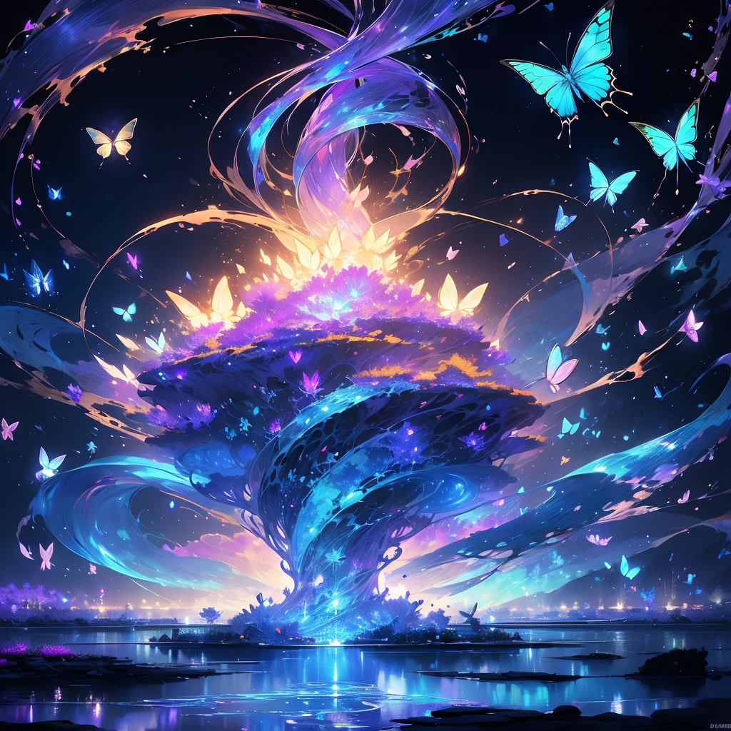 highest quality、Masterpiece、Official Art、The best composition、spirit、surrounded by water、Water fractal art、Neon butterfly々is lighting up the night sky,Butterfly-elves