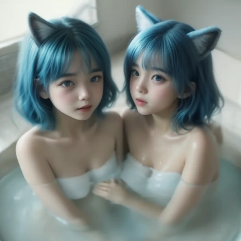 Two fox eared kindergarden girls are taking a bath on a bathup. Their body are full of soap. They are twin. They both seven months pregnant. They are kissing each others. They wear a tiny glittering light blue tank top. They have a very long glittering light blue hair. Their eyes are light blue. They are stunning, cunning, beautiful, and very very cute.