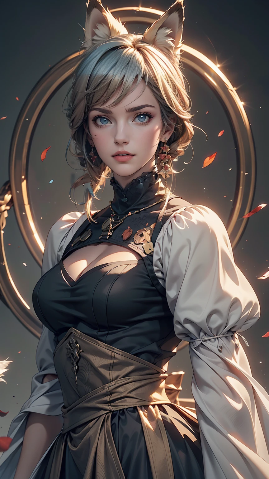 One girl, Wow, (Blindfold), chest, chestの谷間, chestの谷間 cutout, Dress cutout, Green background, Hair between the eyes, head band, High resolution, Juliet Sleeve, Long sleeve, Nier (series), Nier automata, Fluffy sleeves, Red lips, Shadow Face, short hair, alone, Turtleneck sweater, Upper Body, l Blue hair, null, White fox ears, White fox tail, nine tailed fox,