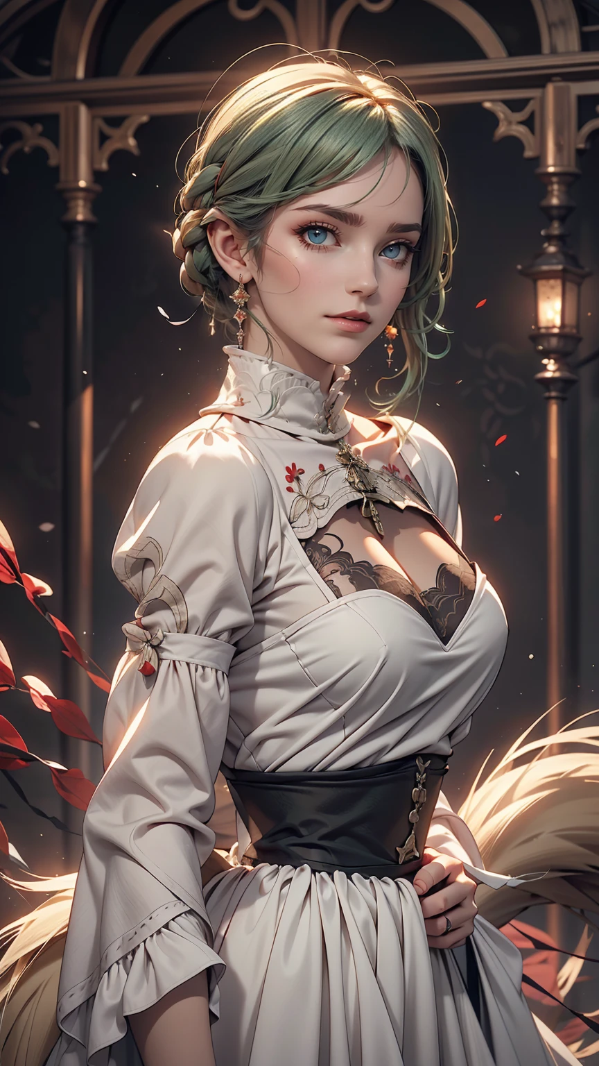 One girl, Wow, (Blindfold), chest, chestの谷間, chestの谷間 cutout, Dress cutout, Green background, Hair between the eyes, head band, High resolution, Juliet Sleeve, Long sleeve, Nier (series), Nier automata, Fluffy sleeves, Red lips, Shadow Face, short hair, alone, Turtleneck sweater, Upper Body, l Blue hair, null, White fox ears, White fox tail, nine tailed fox,
