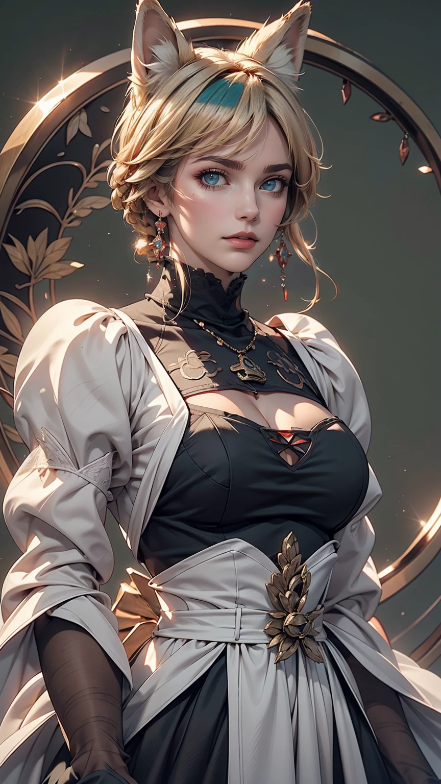One girl, Wow, (Blindfold), chest, chestの谷間, chestの谷間 cutout, Dress cutout, Green background, Hair between the eyes, head band, High resolution, Juliet Sleeve, Long sleeve, Nier (series), Nier automata, Fluffy sleeves, Red lips, Shadow Face, short hair, alone, Turtleneck sweater, Upper Body, l Blue hair, null, White fox ears, White fox tail, nine tailed fox,
