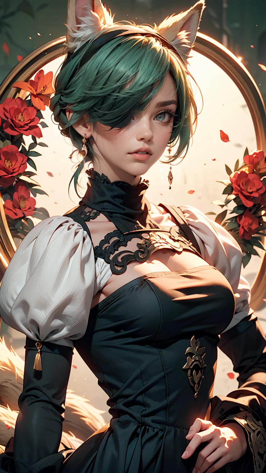 One girl, Wow, (Blindfold), chest, chestの谷間, chestの谷間 cutout, Dress cutout, Green background, Hair between the eyes, head band, High resolution, Juliet Sleeve, Long sleeve, Nier (series), Nier automata, Fluffy sleeves, Red lips, Shadow Face, short hair, alone, Turtleneck sweater, Upper Body, l Blue hair, null, White fox ears, White fox tail, nine tailed fox,