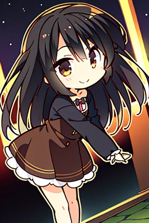 A black haired woman with brown eyes in an hourglass figure in a cute dress is smiling while leaning forward in a park at night