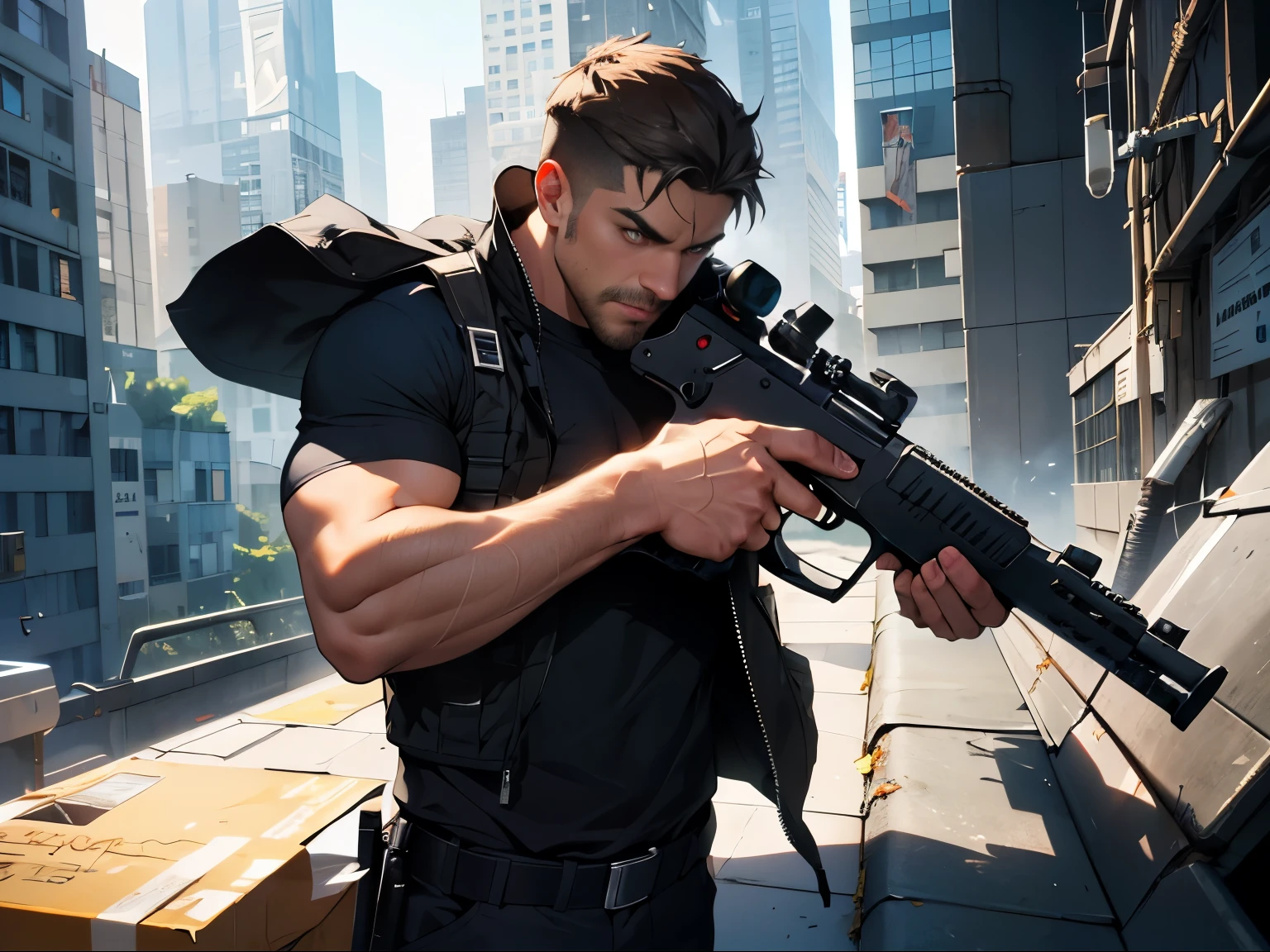 suave secret sniper, muscular man, hunk, charming, attractive, hiding himself from the target he is trying to kill, a gun in hand, aiming at his target, on the rooftop of the a skyscraper, hiding, revealing chest, secretive, mysterious aura, volumetric lighting, depth of field, best quality