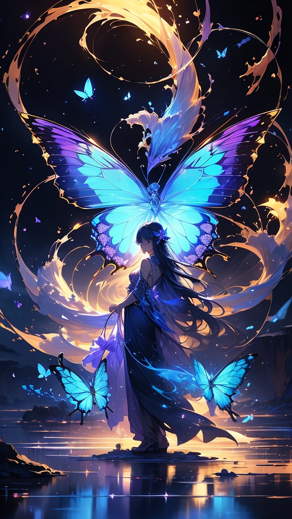 ((masterpiece, highest quality, Best image quality, High resolution, Realistic, RAW Photos, 8k)), ((Highly detailed CG synthesis 8k wallpaper)), A blue butterfly dancing in the starry sky, Giant butterfly wings seen from behind, (Blue Glowing Wings), Blue wings shining in the dark night, Fluttering summer dress,