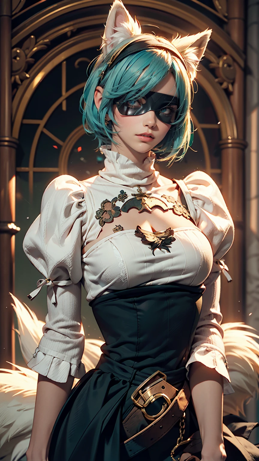 One girl, Wow, (Blindfold), chest, chestの谷間, chestの谷間 cutout, Dress cutout, Green background, Hair between the eyes, head band, High resolution, Juliet Sleeve, Long sleeve, Nier (series), Nier automata, Fluffy sleeves, Red lips, Shadow Face, short hair, alone, Turtleneck sweater, Upper Body, l Blue hair, null, White fox ears, White fox tail, nine tailed fox,