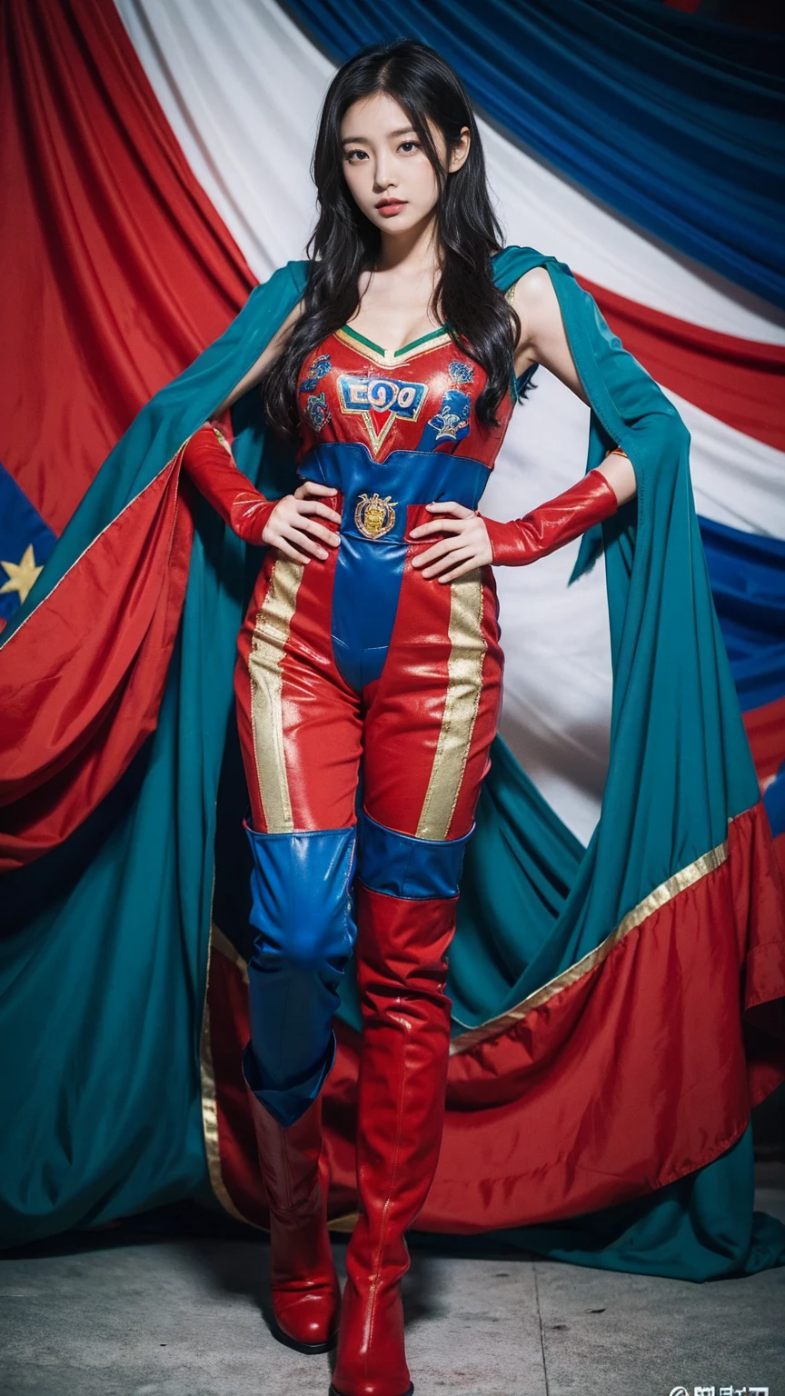 One person is wearing a red and blue jumpsuit with the national emblems of each country printed on the chest, a blue cape, green long gloves on both hands, and blue jumpsuit and over-the-knee boots on her feet. Asian Super Heroine, Mother of Asia. The camera shows her complete body. Standing pose 100%Portrait photo
,GG realistic super power special effects.