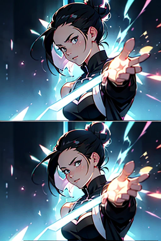 Anime girl with black hair in a bun using magic to heal someone, manga panels with dialogue