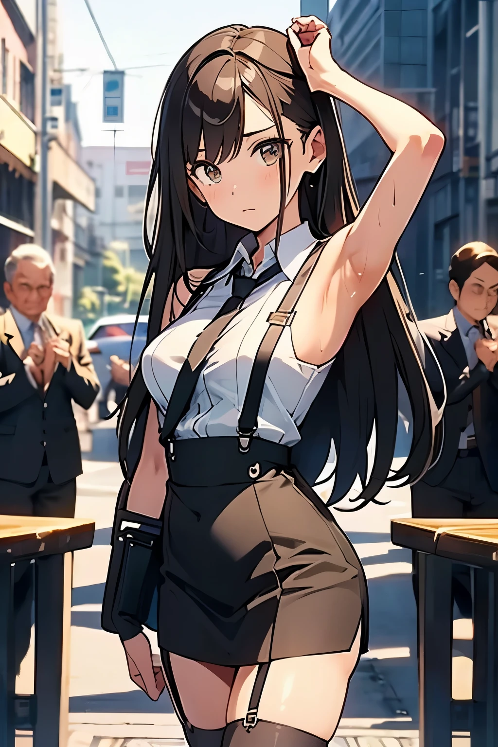 Brown Hair、Staring at the audience　　　Black suspenders　　　bulging big breasts　　 　 　　　wall: 　garter　　　　　sight　　　Small face　 　　　holster　　　Beautiful woman　　Show your hand　　 　sight 　　Taunt　side　side汗 　arm　Dress shirt　Black Suit　ベルト wall際　Put your hands up　Both hands above head　Armpit sweat　mini skirt