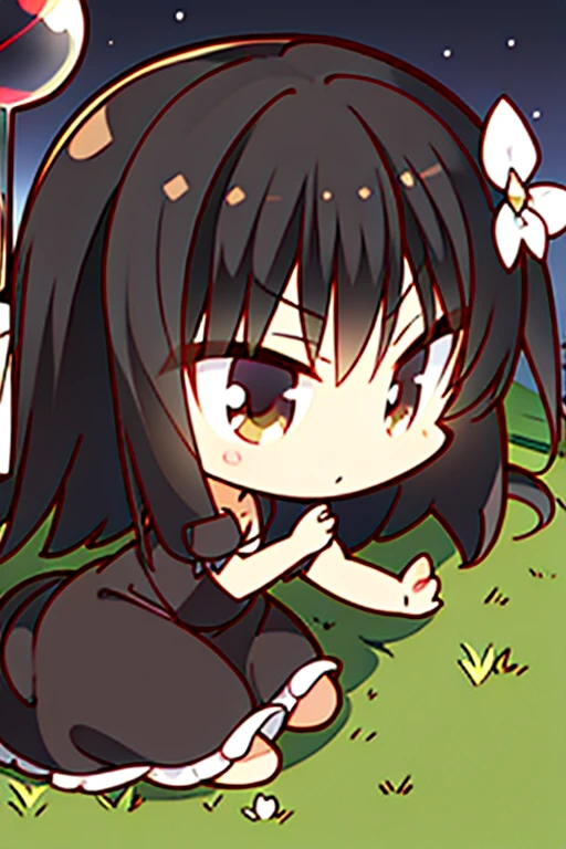 A black haired woman with brown eyes in an hourglass figure in a cute dress is laying on the grass at the park at night