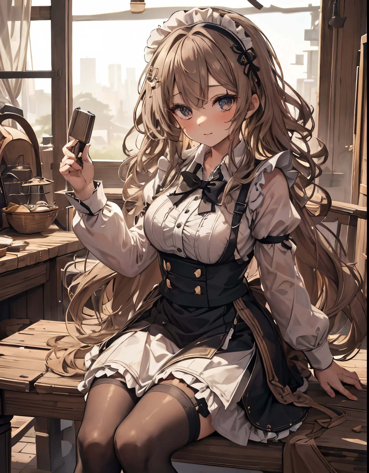 masterpiece, 1girl, sparrow, a brown haired girl, wearing a maid clothes, curly long hair, messy hair, slim body, he close her left eye, shirt ornament, ruby eyes, ahoge, baby face, bige breast, beautiful breasts, rounded breasts, long sleeves, beautiful eyes, white stocking, droopy eyes, skirt, black skirt, her age is 19 years old, ricefield, bowtie, sailor collar, flared skirt, tight shirt, skirt, nagisa_bluearchive, lovely face, medium hair, lovely smile, curly hair, maid headband, sit