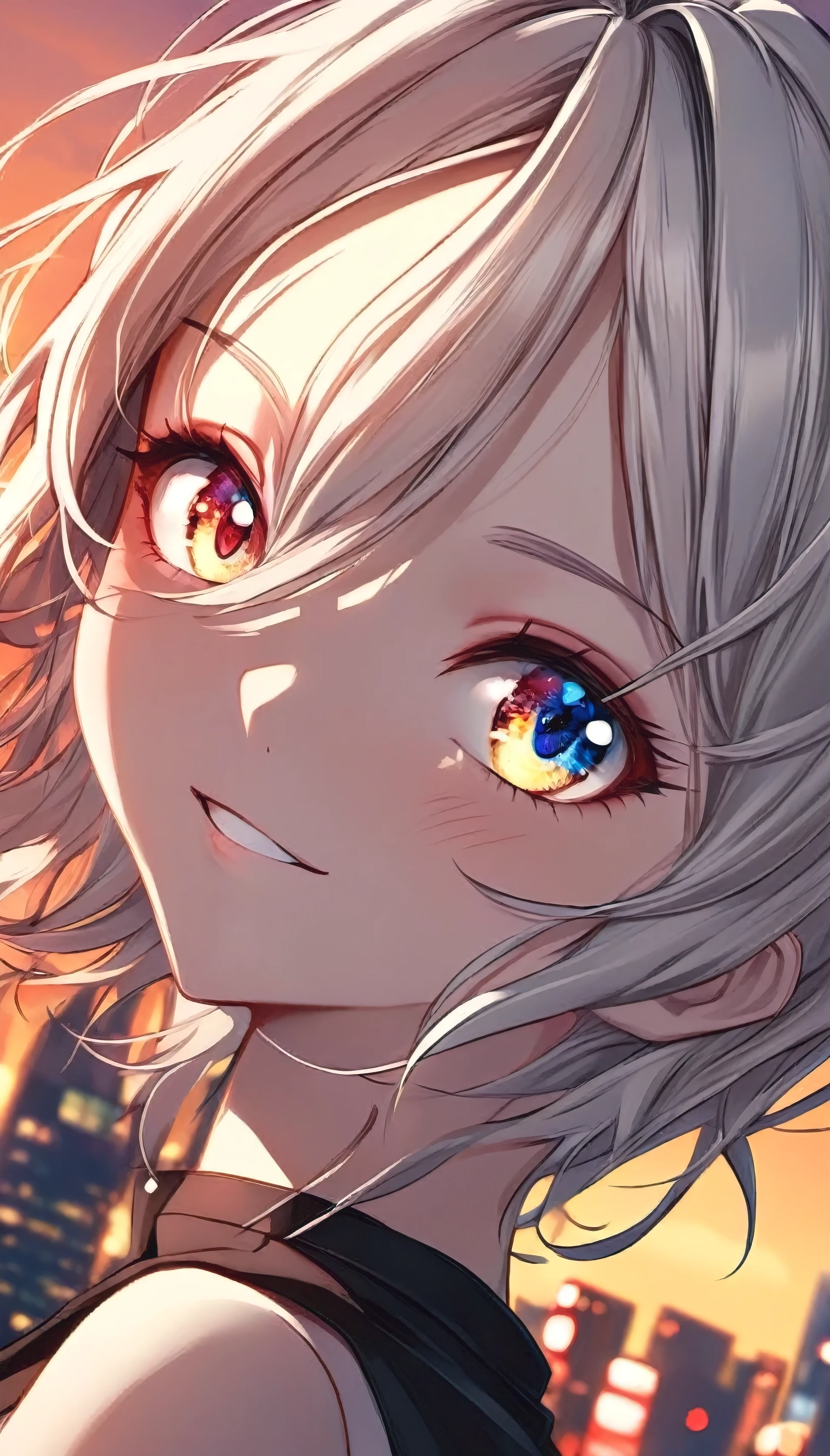 Close-up anime portrait of a girl, Happy expression, Heterochromic Eyes, eye contact, Dynamic, by sakimichan, From wlop, author：Ilya Kuvshinov, author：rossdraws, By Art Jem, Tokyo city street background, Sunset, meticulously made, masterpiece, detailed