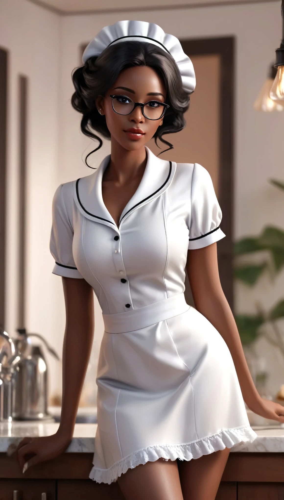 (masterpiece, best quality:1.2),wavy hair maid，Solitary,Wear glasses，Exquisite eyes,Delicate black hair，Charming eye shadow( Black person:1.2)( dark skin:1.2)，african man,( Smooth skin:1.2)( Wear a maid uniform:1.2)， Slender body proportions，Wet sexy plump lips，Long legs，Perfect fingers，High heel，( Back pose 1.2), (Rear view 1.2)