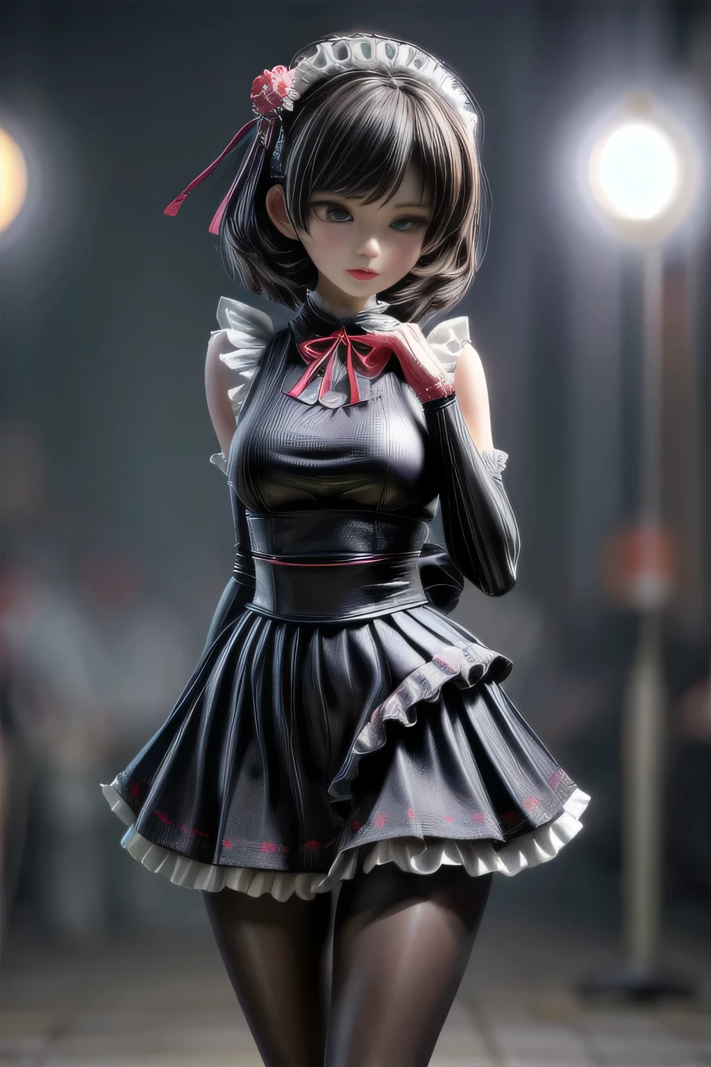 a beautiful japanese milf, maid outfit, short skirt, sleeveless tops, standing, full body shot, detailed face, detailed eyes, detailed lips, beautiful detailed skin, detailed hands, detailed clothing folds, intricate details, (best quality,4k,8k,highres,masterpiece:1.2),ultra-detailed,(realistic,photorealistic,photo-realistic:1.37),studio lighting, extremely detailed, vivid colors, cinematic lighting, elegant, graceful pose, beautiful background, soft bokeh, black pantyhose