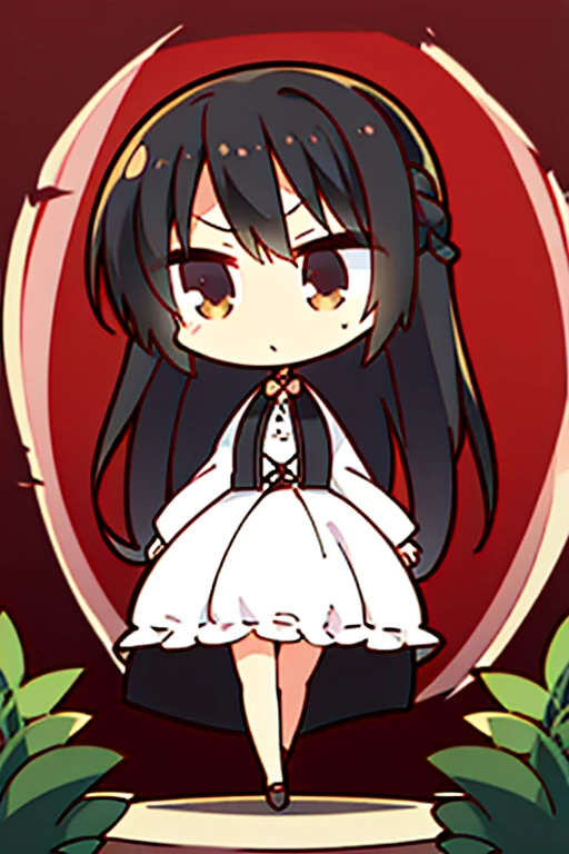 A black haired woman with brown eyes in an hourglass figure in a cute dress is walking through a garden at night