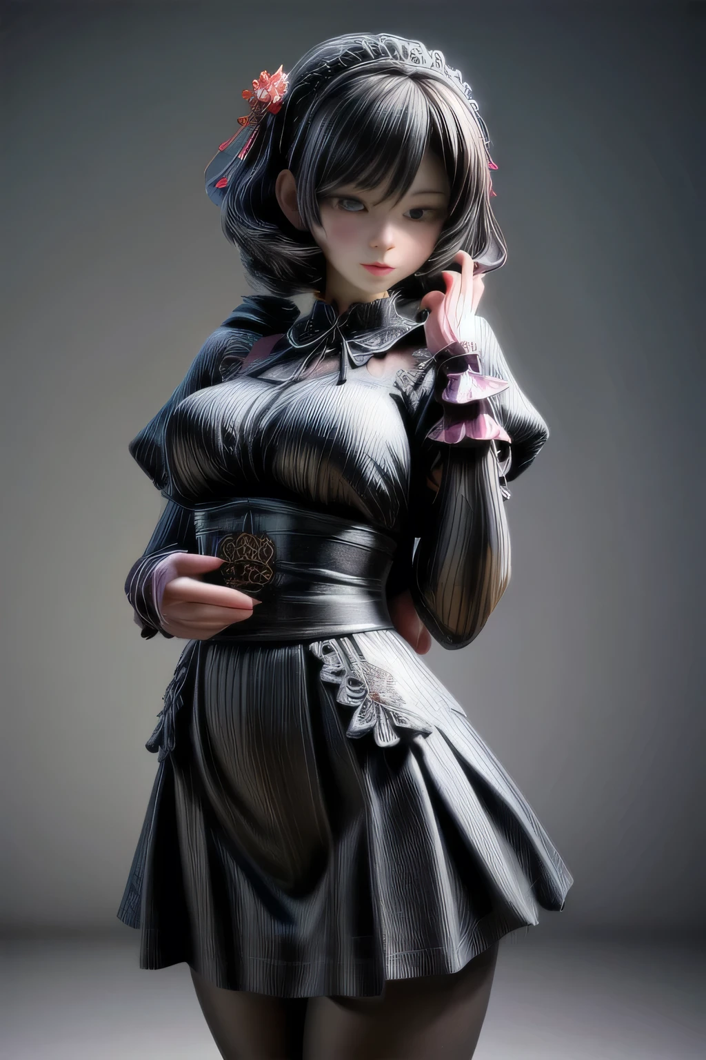 a beautiful japanese milf, maid outfit, long skirt, short sleeve tops, standing, full body shot, detailed face, detailed eyes, detailed lips, beautiful detailed skin, detailed hands, detailed clothing folds, intricate details, (best quality,4k,8k,highres,masterpiece:1.2),ultra-detailed,(realistic,photorealistic,photo-realistic:1.37),studio lighting, extremely detailed, vivid colors, cinematic lighting, elegant, graceful pose, beautiful background, soft bokeh, black pantyhose